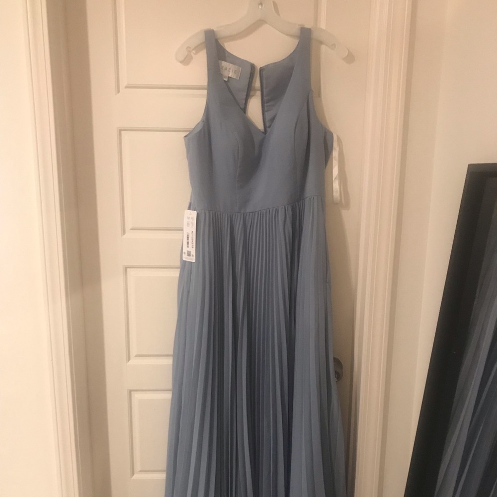 Dusty Blue bridesmaid dress with tags from Azazie!